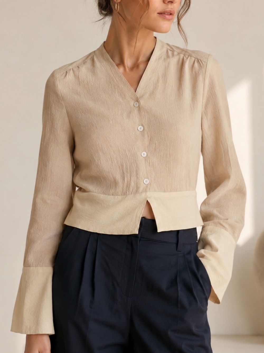 Nanushka Crinkle Tencel Peplum Blouse S Beige Shell Button Quiet Luxury Capsule